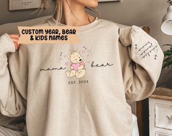 Custom Mama Bear Sweatshirt, Mama Est with Kids Name on Sleeve, Personalized Mom Sweater, Mothers Day Sweatshirt, New Mama Bear Jumper