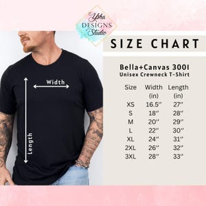 May include: A black Bella+Canvas 3001 unisex crewneck t-shirt. The image includes a size chart with measurements in inches for sizes XS to 3XL. The chart shows the width and length of the shirts.