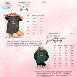 May include: Image features a size guide for Comfort Colors t-shirts and Gildan 18000 sweatshirts. The t-shirt size chart includes sizes S to 3XL, with measurements in inches. The sweatshirt size chart includes sizes S to 5XL, also in inches. The model is 5'8" and wearing XL.