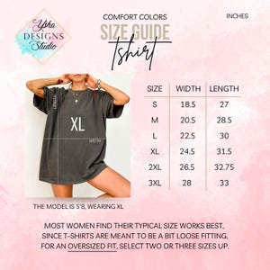 May include: Size chart for a t-shirt with measurements in inches. The chart shows the width and length of the shirt in sizes S, M, L, XL, 2XL, and 3XL. The model is wearing a size XL.