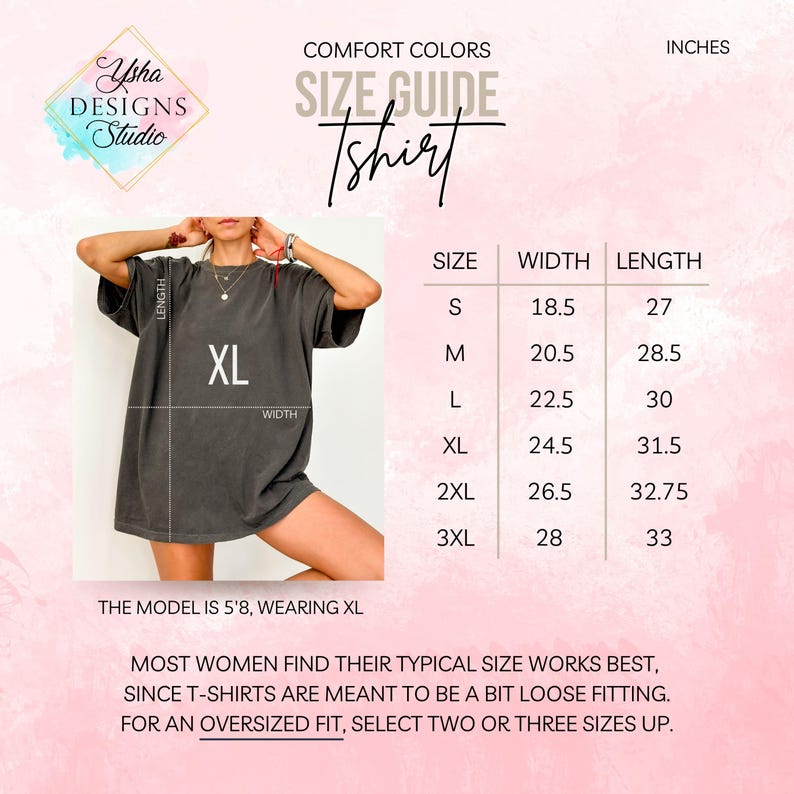 May include: Size chart for a t-shirt with measurements in inches. The chart shows the width and length of the shirt in sizes S, M, L, XL, 2XL, and 3XL. The model is wearing a size XL.