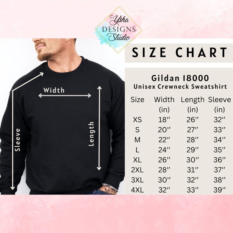 May include: A black unisex crewneck sweatshirt with a size chart. The chart details measurements in inches for width, length, and sleeve length, ranging from XS to 4XL. The brand is Gildan 18000.