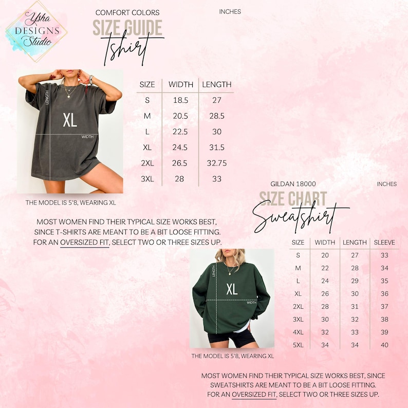 May include: Size guide for Comfort Colors t-shirts and Gildan 18000 sweatshirts. The t-shirt size chart includes measurements in inches for sizes S to 3XL. The sweatshirt size chart includes measurements in inches for sizes S to 5XL.