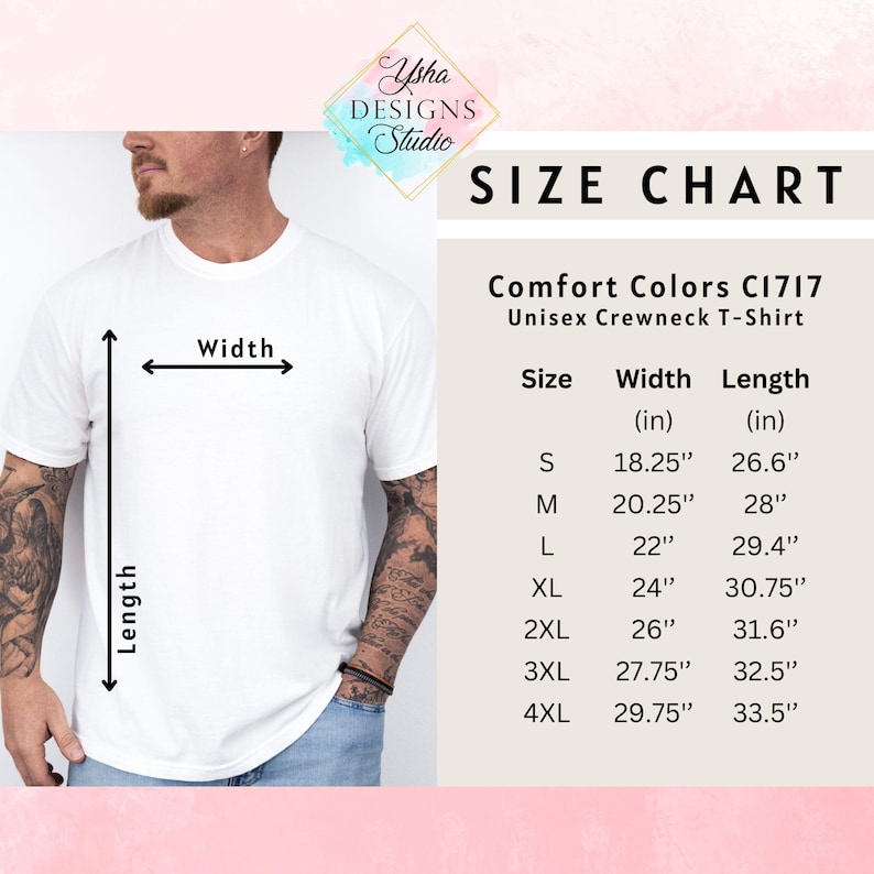 May include: A white Comfort Colors C1717 unisex crewneck t-shirt. The image includes a size chart with measurements in inches for sizes S through 4XL. The shirt is being measured for width and length.