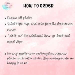May include: A pink and white background with the text "HOW TO ORDER" in black. Instructions include reviewing photos, selecting style/size/color, adding to cart, and contacting via Etsy messages for questions.