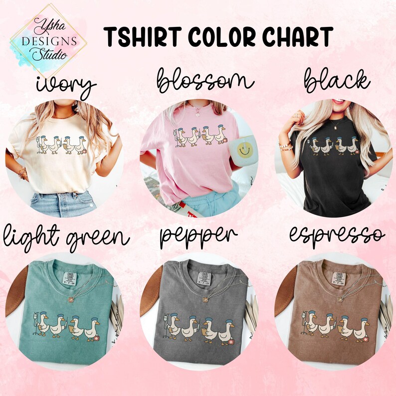 May include: T-shirt color chart featuring six different t-shirt colors: ivory, blossom, black, light green, pepper, and espresso. Each shirt displays a graphic of geese wearing hats. The text "TSHIRT COLOR CHART" is at the top, with the Ysha Designs Studio logo in the upper left corner.