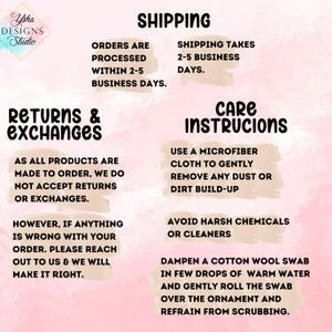 May include: A pink graphic with text detailing shipping, returns, and care instructions. The text includes information on order processing, shipping times, and how to clean the product. The Ysha Designs Studio logo is in the top left corner.
