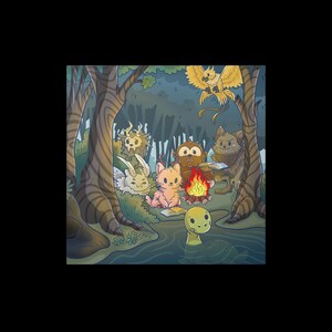 May include: A group of cartoon animals gathered around a campfire in a forest setting. The animals include a monkey, a wolf, a bird, a cat, and a dragon. The scene is whimsical and playful.