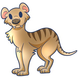 Peut inclure: Une illustration de dessin animé d'un tigre de Tasmanie brun et beige avec des rayures noires. L'animal est debout sur ses quatre pattes et a une expression amicale.