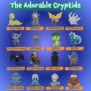 MÉGA LISTE - Adorable collection d'autocollants en vinyle brillant Cryptid - Cryptozoologie - Mythologie - Histoire folklorique - Mothman, Wendigo, Cerberus, ++