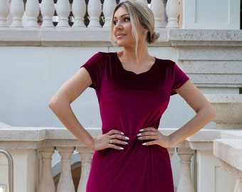 Burgundy Tshirt Velvet Maxi Dress A-Line Style Fitted Dress Crew Neck Short Sleeve High Slit Dress Long Bridesmaid Belle Summer Dress