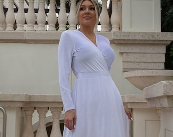 White Long Sleeve Velvet Maxi Dress Bridesmaid boho gown white wedding dress wrap dress 80s dress
