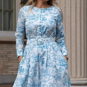 Graceful Blue and White Floral Dress - Knee-Length Dress with Cotton Lace Details - Classic Blue Dress – Summer Bloom Dress - Party Attire.