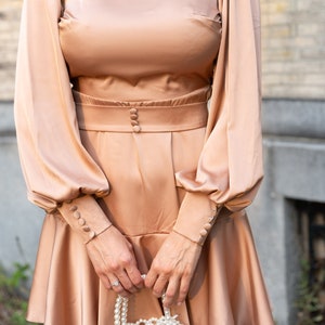 Camel Satin Silk Dress, Mini Dress, Puff Sleeve Dress with Cuffs, Ruffled Skirt Dress, Belted Dress, Cottagecore Dress Camel