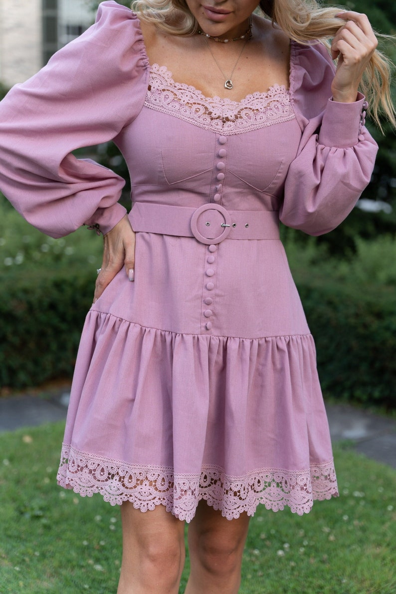 Mauve Linen Lace Dress, Puff Sleeve Dress, Button Detail Dress, Ruffle Hem Dress, Belted Dress, Romantic Summer Dress, Cottagecore Dress image 1