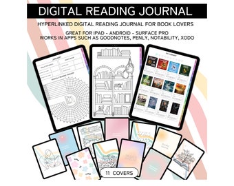 May include: A digital reading journal with 11 different covers. The covers feature various designs, including books, a bookshelf, and a cat reading a book. The journal is designed for use with apps like Goodnotes, Penly, Notability, and Xodo.
