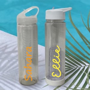 Personalized Water Bottles~Custom Infuser Water Bottle~Bridal Party Gift ~White Tumbler Bottle~Bachelorette Party Island Theme Hot Pink.