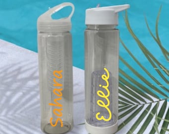 Personalized Water Bottles~Custom Infuser Water Bottle~Bridal Party Gift ~White Tumbler Bottle~Bachelorette Party Island Theme Hot Pink.