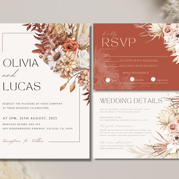 Terracotta Wedding Invitation Template Suite, Boho Dreams Wedding Invitation Bundle, Modern Elegant Floral Orange RSVP, Details, Editable