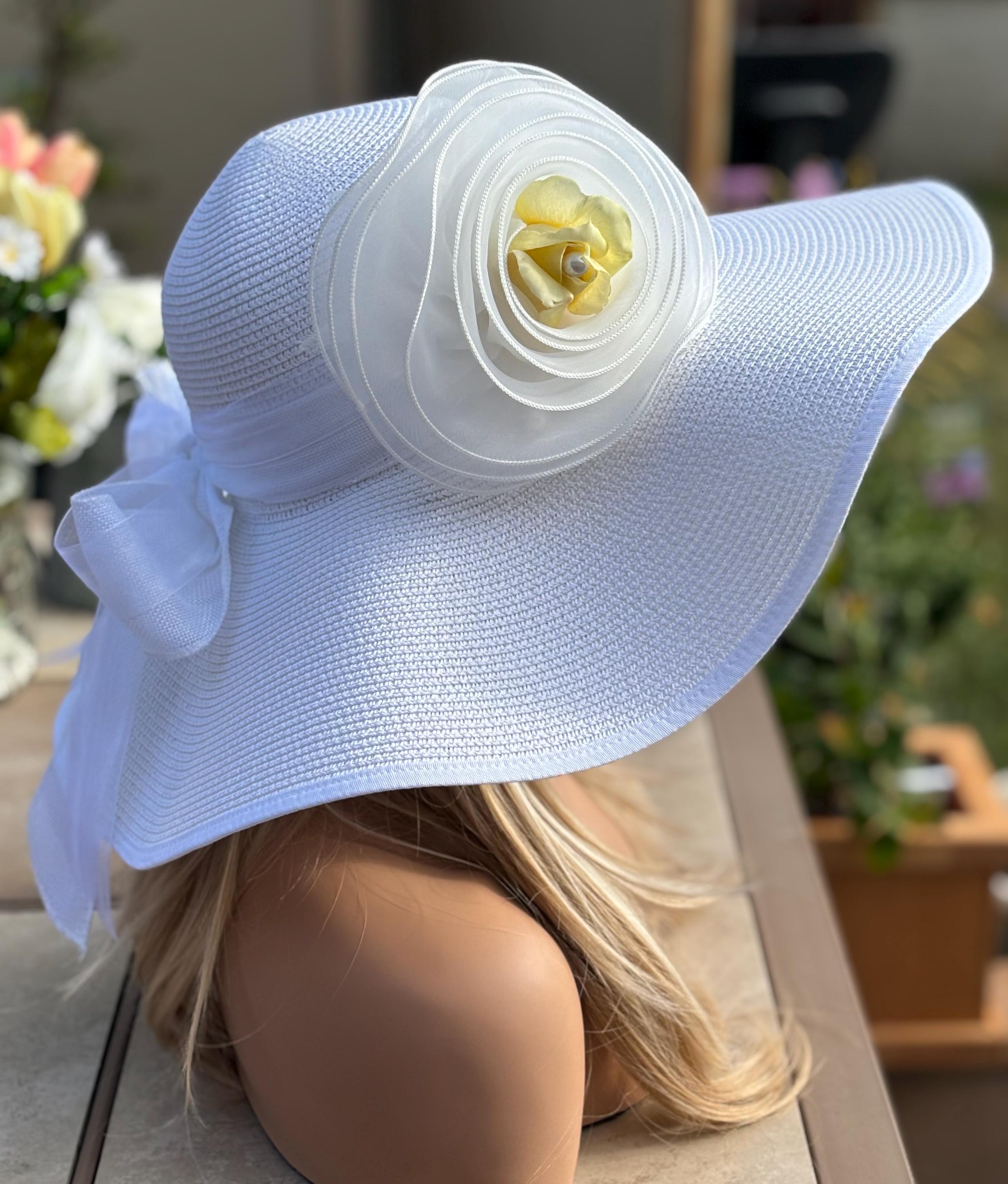 Kentucky Derby Hat – Elegant White Floral Organza Wide Brim with Rosettes Kentucky Derby White Oversized Organza Rosette Hat - Etsy main image 4