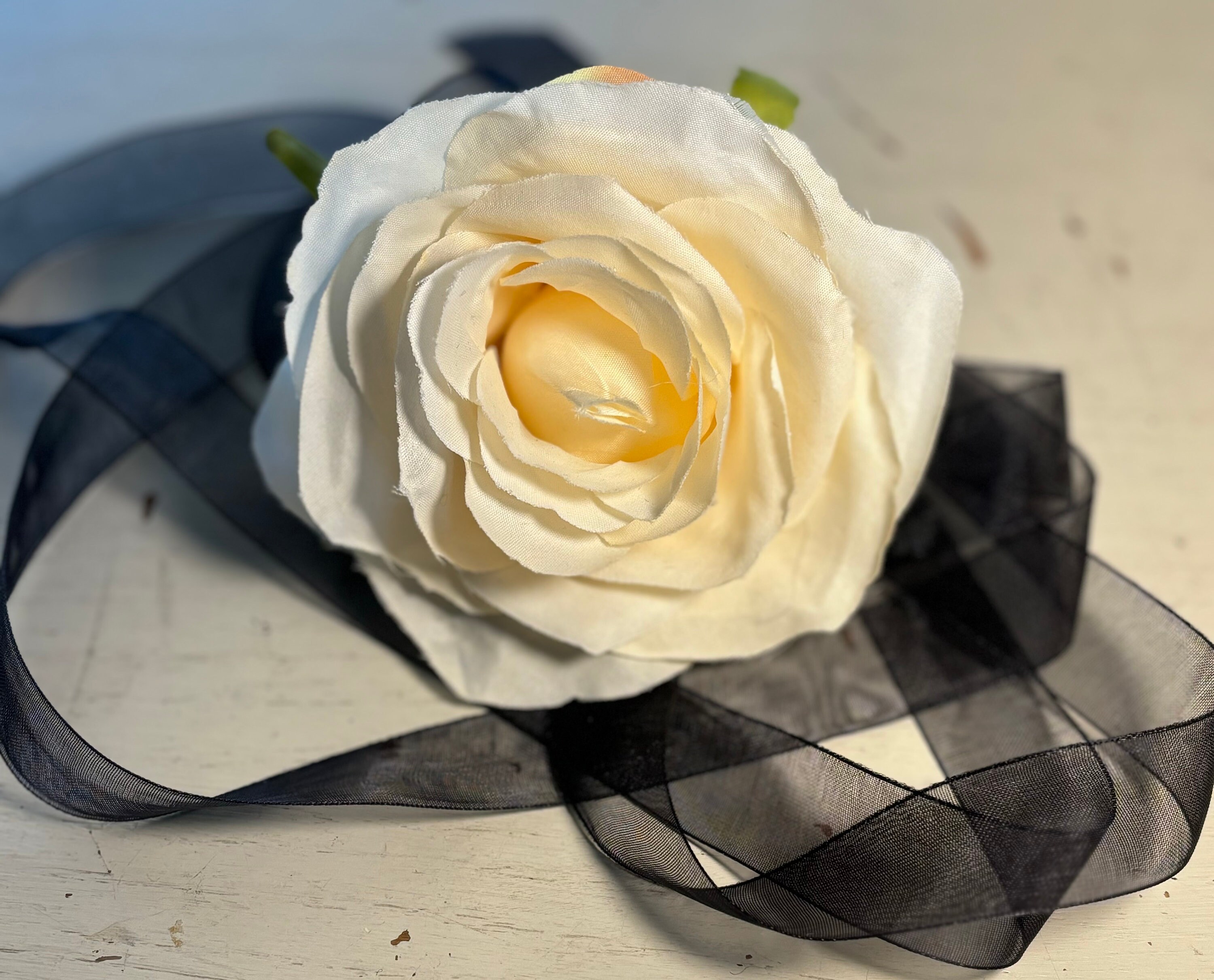 Silk Flower Rosette Choker Necklace off White Rose Chiffon Black Ribbon ...