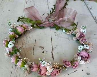 Dusty Rose flower girl, silk flower crown