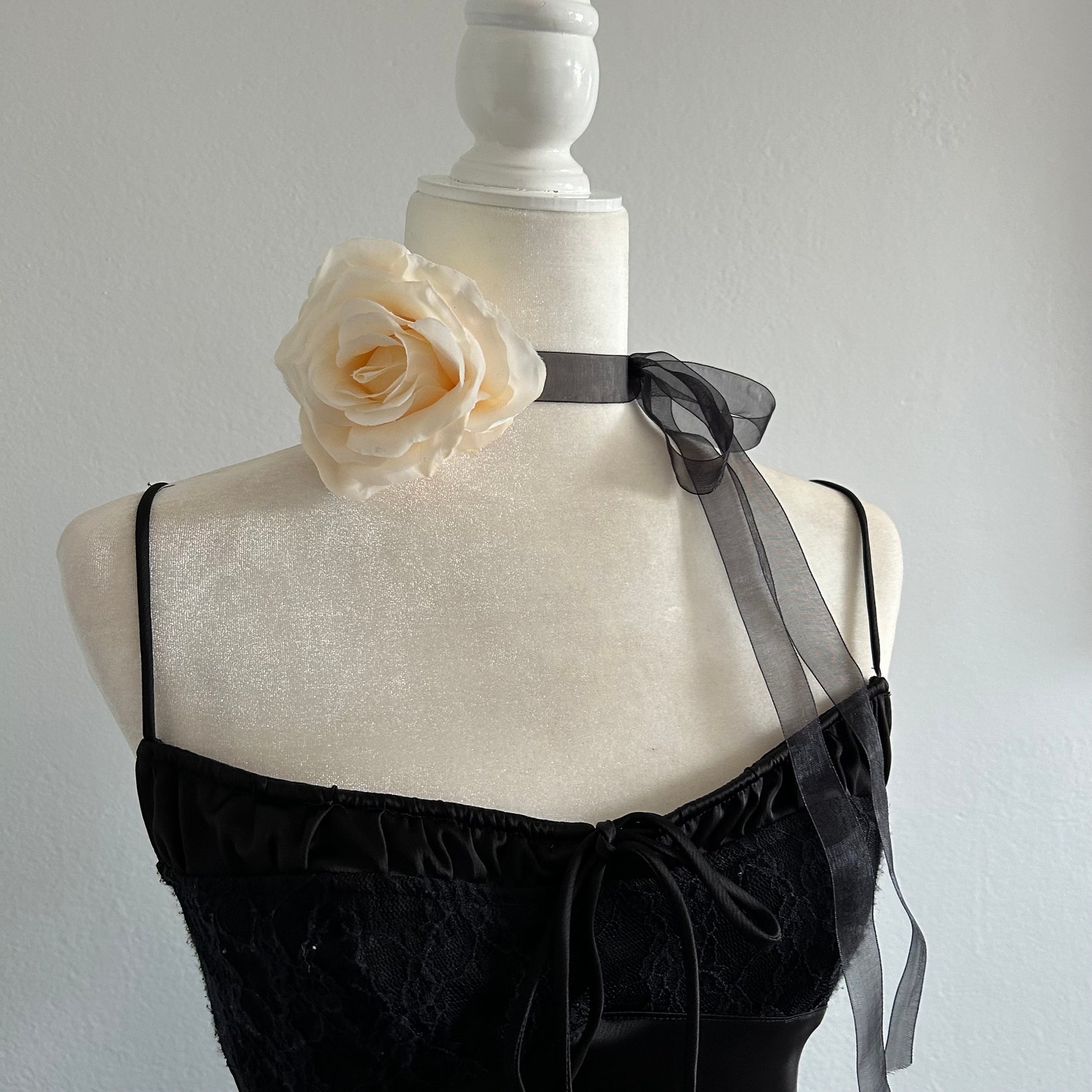 Silk Flower Rosette Choker Necklace off White Rose Chiffon Black Ribbon ...