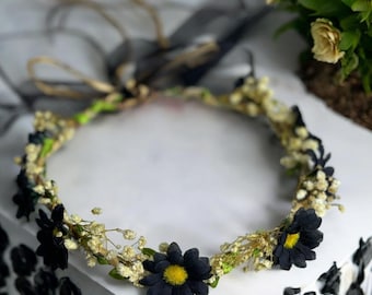 Silk flower crown black sunflowers/Octoberfest/fall weddings/Halloween silk flower crown