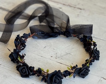 Black rose Halloween fall flower crown headband