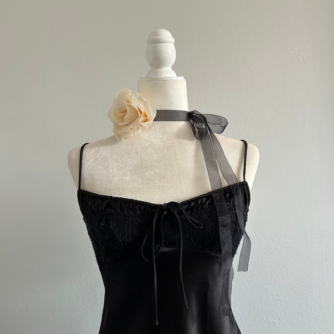 Silk Flower Rosette Choker Necklace off White Rose Chiffon Black Ribbon ...