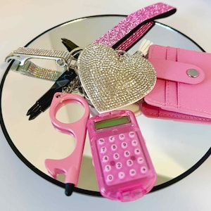 Glam Keychain Gift Set for Her - Pink Rhinestone Glam Essentials, Multitool, Wallet ID, Keychains, Screw Set, Wristlet, Calculator