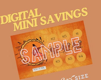 Op de afbeelding: Een oranje en gele digitale mini-spaarkaart met de tekst "DIGITAL MINI SAVINGS" en "SAMPLE". De kaart bevat illustraties van kalkoenen en dollarbedragen. De afmeting is 7,6 x 12,7 cm.