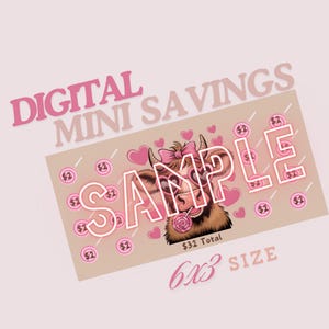 May include: A digital mini savings card with a cartoon cow wearing sunglasses and a pink bow. The card has a pink and white heart pattern and says "SAMPLE" in large pink letters. The card also says "$32 Total" and "6x3 SIZE".