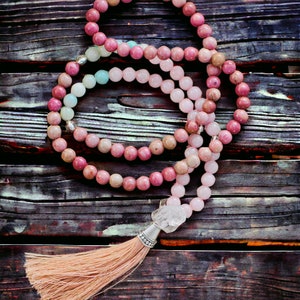 Handmade Rose Quartz Rhodochrosite Amazonite Mala 108 Necklace | Natural Stone Hand Knotted Beads Necklace | Spiritual Protection Necklace