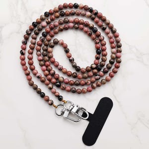 Zwarte rhodoniet crossbodyband | Natuursteen telefoonketting kraalband | Tether-tabblad | Bandkaart iPhone-behuizing | Draaibare hakensluiting