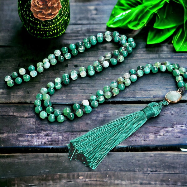 Natural Green Stripe Agate Mala beads 108 Necklace | Natural Stone Mala Prayer Beads Necklace | Meditation Hand Knotted Pendant Necklace