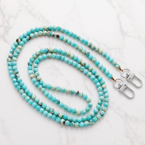 Bandoulière en jaspe turquoise | Bracelet chaîne en pierre naturelle pour téléphone | Languette d'attache | Dragonne Coques d'iPhone | Fermoir à crochets rotatif