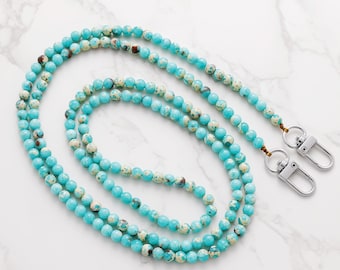 Turquoise Jasper Cross Body Strap | Natural Stone Phone Chain Bead Strap | Tether Tab | Strap Card iPhone Casing | Rotatable Hooks Clasp