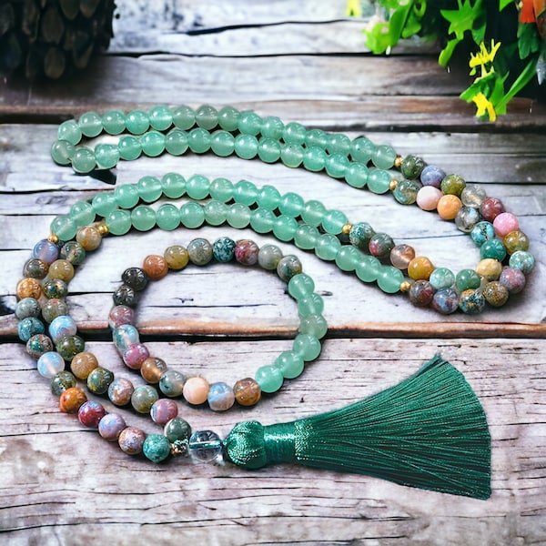 Indian Agate Green Aventurine Mala beads 108 Tassel Necklace Bracelet Set | Natural Stone Beads Necklace | Meditation Hand Knotted Necklace