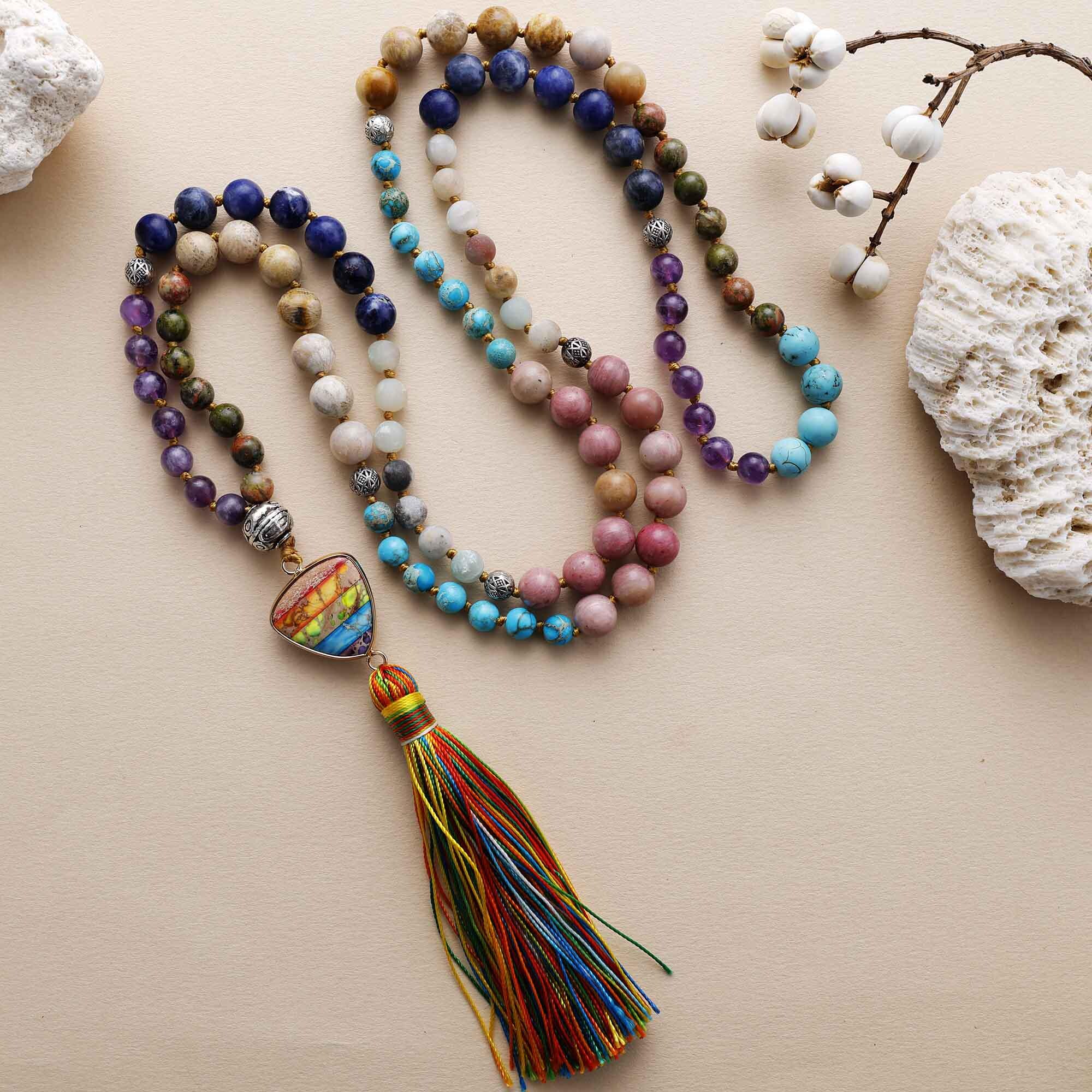 Jasper Amethyst Turquoise Sodalite Rhodonite Mala 108 Necklace | Hand Knotted Mala Beads Necklace | Handmade Jewellery for Woman