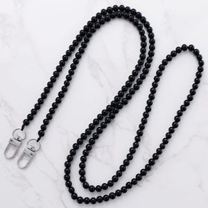 Zwarte onyx gekruiste telefoonriem | Natuursteen telefoonketting kraalband | Tether-tabblad | Bandkaart iPhone-behuizing | Draaibare hakensluiting