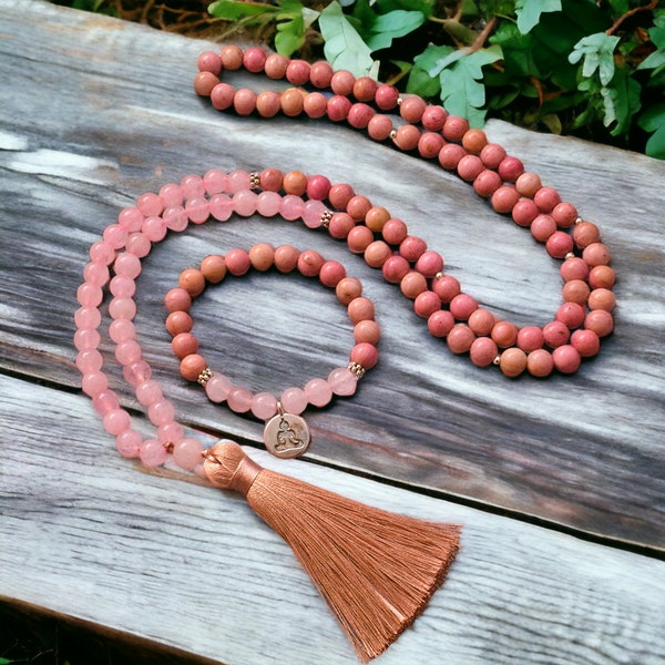 Handmade Rhodochrosite Rose Quartz Mala 108 Necklace Bracelet Set | Natural Stone Hand Knotted Mala Beads Necklace