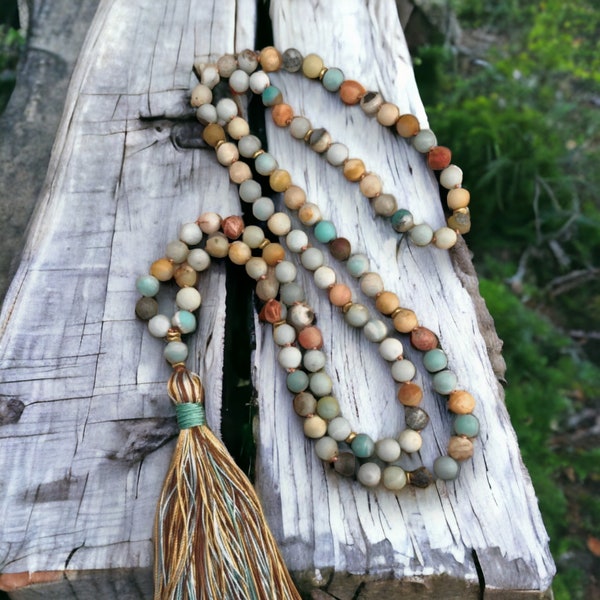 Collier 108 perles Mala en Amazonite | Collier de perles de prière Mala noués à la main en pierre naturelle | Collier de protection spirituelle de méditation