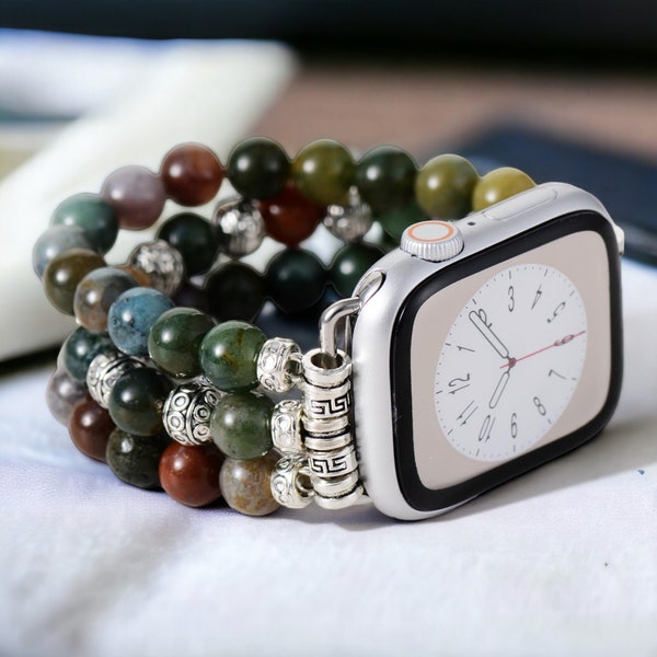 Indian Agate Beads Apple Watch Strap | Band 38mm 40mm 41mm 42mm 44mm 45mm | Compatible with all Apple Samsung Garmin Watch Series