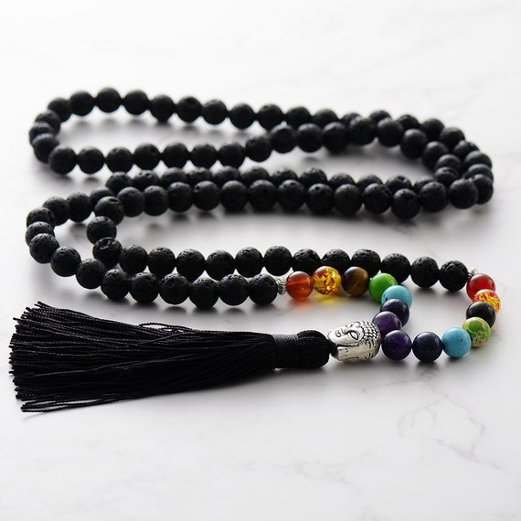 Chakra Black Lava Stone Mala 108 Necklace Hand Knotted Mala