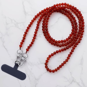 Cinturino per telefono con tracolla in corniola rossa / Cinturino per telefono con perline in pietra naturale / Linguetta di ancoraggio / Cinturino per custodia per iPhone con carta / Chiusura con ganci girevoli