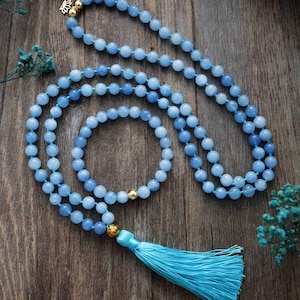 Natural Turquoise Mala 108 Necklace Bracelet Set | Natural Stone Hand Knotted Mala Beads Necklace | Handmade Jewellery for Woman