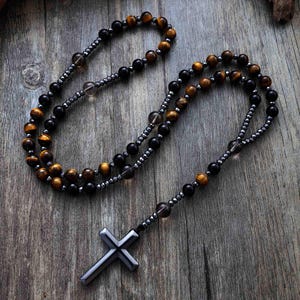 Black Yellow Tiger Eye Beaded Hematite Cross Necklace | Hand Knotted Beads Necklace | Handmade Jewellery Necklace