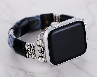 Natural Black Agate Apple Watch Strap | Band 38mm 40mm 41mm 42mm 44mm 45mm 46mm | Compatible with all Apple Samsung Garmin Watch Series