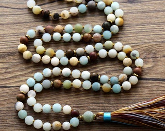 Amazonite Mala beads 108 Necklace | Natural Stone Hand Knotted Mala Prayer Beads Necklace | Meditation Spiritual Protection Necklace